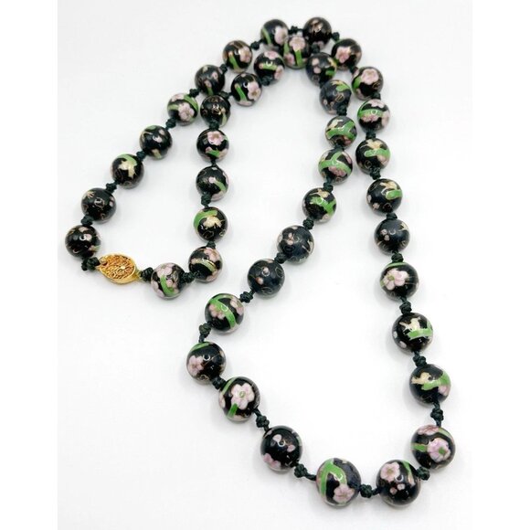 VTG‎ Chinese Export BLACK CLOISONNÉ NECKLACE  Hand Knotted Box Clasp - Picture 1 of 4
